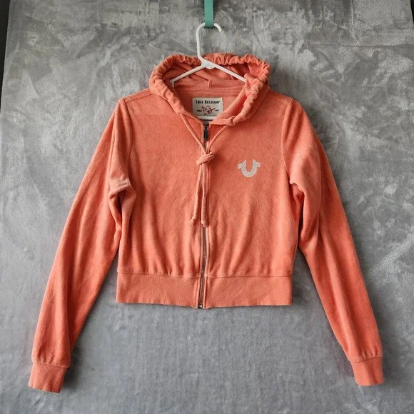 True Religion Velour Jacket Womens Medium Zip Hooded Cropped Crystal Rhinestones - Picture 3 of 9